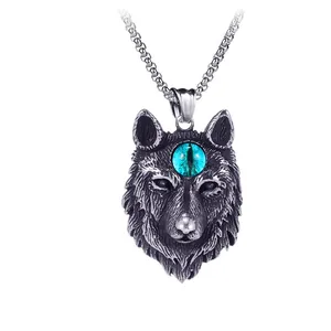 Collier pendentif tête de loup hip-hop gothique avec œil bleu pour homme en acier