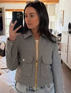 Women's chic grey cropped zip-up felt jacket with front flap pockets lifestyle photo