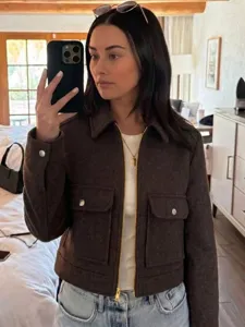 Casual dark brown short jacket with zipper and front pockets shown in a mirror selfie