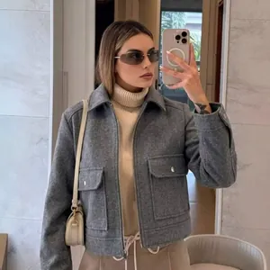 Dames Mode Wolachtige Korte Rits Jas Elegante Revers Cargo Zak Mantel Effen Kleur Lange Mouw Losse Jas