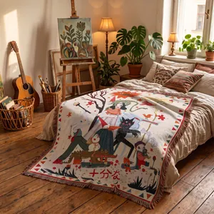 Woven bohemian throw blanket with fairytale character illustration on a bed