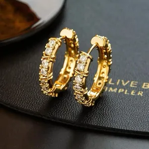 Detailed close-up of gold-plated hoop earrings with sparkling cubic zirconia stones inlay