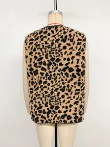 Back view of a plush leopard print sleeveless vest for women, versatile winter style