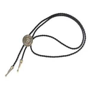 Vintage Celtic flower pattern bolo tie with black braided leather cord accessories