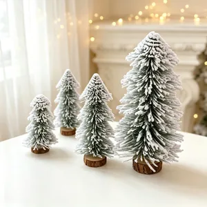 Mini Flocked Christmas Tree With Wood Base Snowy Cedar Pine Tree Desktop Ornament For Holiday Home Office Tabletop Decoration