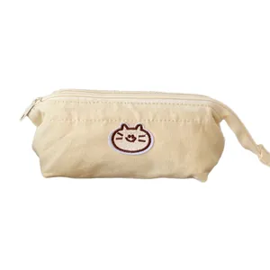 Cute cream canvas pencil case with cat embroidery and large capacity stationery pouch ins style