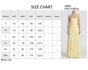 Detailed size chart for yellow sleeveless evening maxi dress with bust and waist measurements