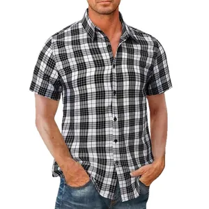 Camisa de manga corta a cuadros blancos y negros para hombre en tejido transpirable