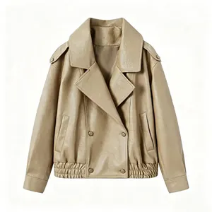 Front view of a stylish loose-fit faux leather biker jacket with large lapels.