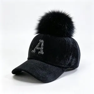 Winter Mohair Pom Pom Baseball Cap Rhinestone Letter A For Women Girls Warm Plush Faux Fur Snapback Hat