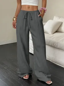 Pantalon large gris texturé avec taille élastique à cordon et poches latérales chic
