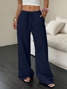 Pantalon large décontracté pour femme bleu marine avec tissu texturé et taille à cordon