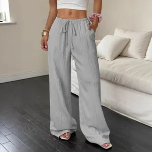 Women's casual light grey wide-leg trousers with textured fabric and drawstring waist