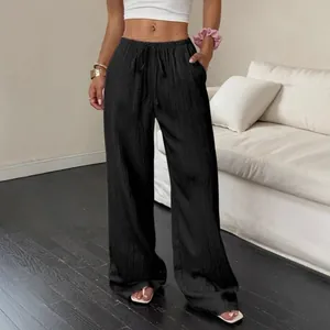 Women's casual black wide-leg pants with textured fabric and elastic drawstring waist