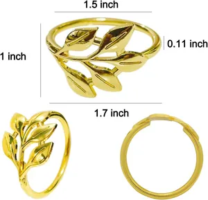 Detail showing dimensions of golden leaf napkin ring, 1.5 and 1.7 inches wide.