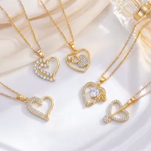 Süße Herz Anhänger Halskette Titanstahl Echtgold Galvanisierung Kupfer Zirkonia Schlüsselbein Kette Für Damen Mode Schmuck