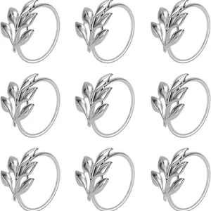 Set of nine elegant silver willow leaf design napkin rings for wedding dining decor