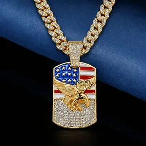 Collier Pendentif Aigle Drapeau Américain Hip Hop Hommes Or Argent Alliage de Zinc Strass Incrusté Chaîne Cubaine Bijoux