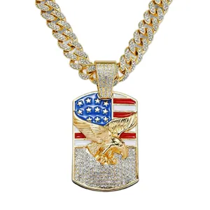 Collier chaîne cubaine dorée pour homme avec pendentif aigle drapeau américain glacé