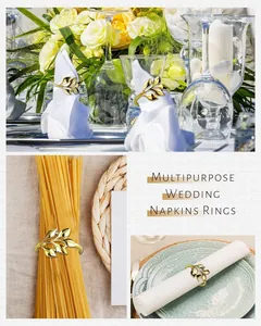 Detail view of golden leaf napkin rings used in multiple elegant table settings