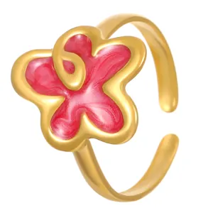 Bague ouverte élégante en acier inoxydable plaqué or 18k avec fleur rose peinte