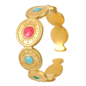 Bague ajustable en acier inoxydable plaqué or 18 carats avec motif floral coloré