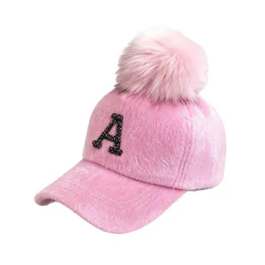 Pink fuzzy baseball cap for women with rhinestone letter A and detachable fur pom-pom