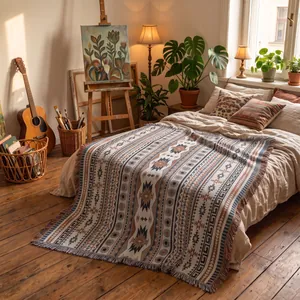 Gemütliche gewebte Boho-Decke mit Fransen in einem künstlerischen Schlafzimmer-Ambiente