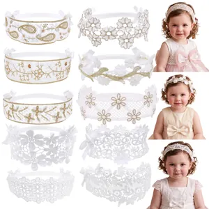 Baby Girls White Lace Flower Headband Elastic Satin Bow Princess Hair Accessory For Infant Toddler Photography Wedding
