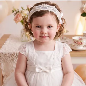 Adorable white lace baby girl headband with hollowed floral patterns and cute bows.
