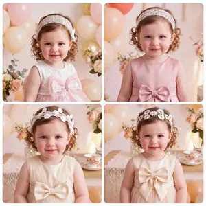Elegant set of children's white lace and flower headbands with cute bow details for girls