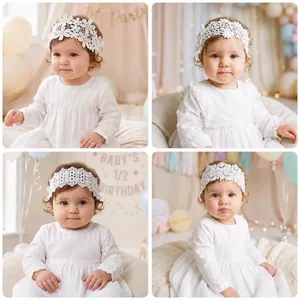 Elegant white floral lace headband for baby girls with cute bow for birthday parties