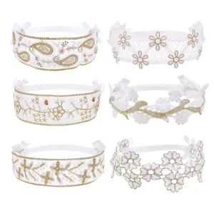 6-piece set of white lace baby headbands with gold floral embroidery and elastic bows