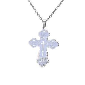 High quality detail of a light purple enamel cross pendant on a silver stainless steel chain