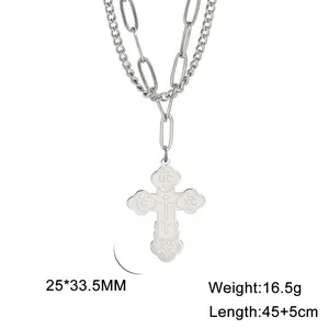 Double-layered stainless steel necklace with engraved cross pendant and specifications