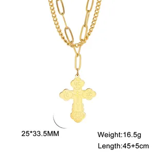 Detail view of 304 stainless steel cross pendant necklace with weight and size info