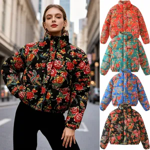 Women Vintage Floral Print Quilted Puffer Jacket Stand Collar Zip Up Warm Cotton Padded Short Coat Streetwear Outerwear