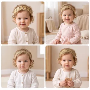 Collage présentant quatre modèles d'élégants bandeaux en dentelle dorée pour bébé
