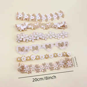 Lot de bandeaux bébé brodés en dentelle avec perles et fleurs, longueur de 20 cm