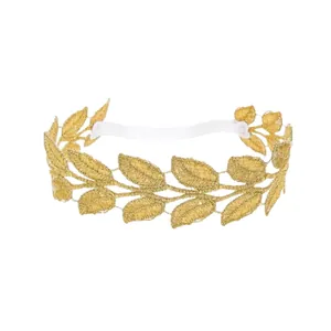 Bandeau bébé élégant avec feuilles brodées d'or et élastique blanc pour nouveau-né
