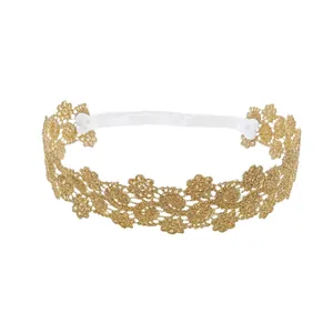Bandeau bébé en dentelle florale brodée dorée avec bande élastique blanche