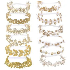 Set de 12 bandeaux raffinés en dentelle brodée pour bébé avec fleurs et détails en perles
