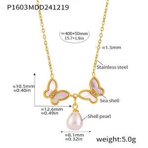Collana a farfalla in acciaio inossidabile con perla e dettagli delle dimensioni