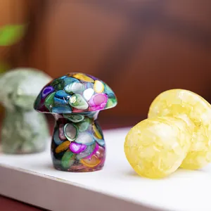 Detailed view of handmade resin mushroom decor filled with colorful natural crystals