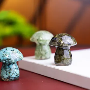 Macro view of assorted resin-filled natural crystal mushrooms for aesthetic home decor