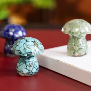 Detailed close-up view of resin mushroom figurines filled with colorful natural crystal stones