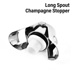 Detail view of a stainless steel champagne stopper with leak-proof locking arms.