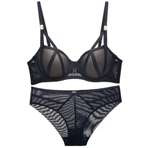 Professional sexy black mesh lingerie set featuring push-up bra and matching strappy panties
