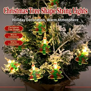 Warm white LED string lights with green Christmas tree shapes for holiday decor