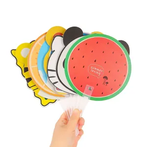 Set of colorful cartoon handheld fans for kids featuring cute fruit and animal designs